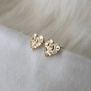 14k solid Gold Heart Earrings, Golden Nugget Heart Post Earrings